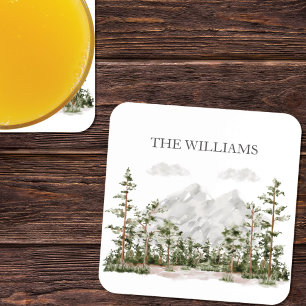 Dessous-de-verre Montagne et forêt aquarelle monogrammée
