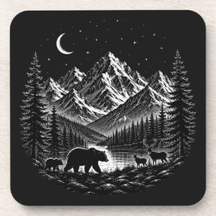 Dessous-de-verre Montagne Mystique Nuit de Style Linogravure Sauvag