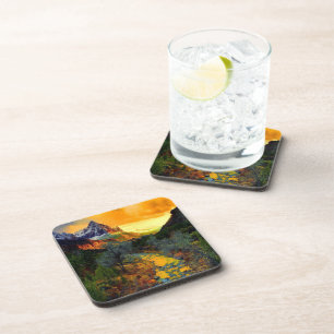 Dessous-de-verre Montagnes enneigées Arbres et ruisseau