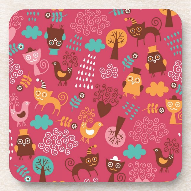 Dessous-de-verre Motif avec les oiseaux et les chats mignons (Devant)