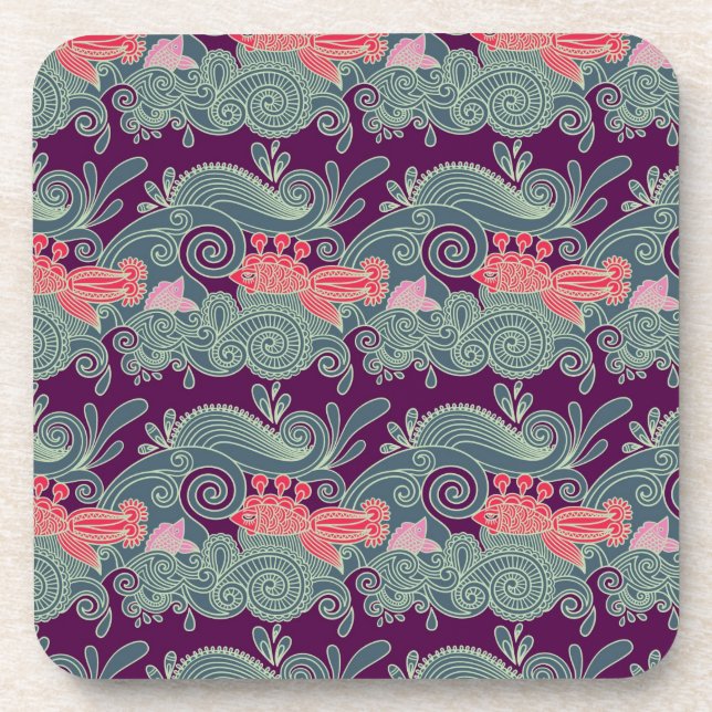 Dessous-de-verre Motif avec les poissons et la vague pourpre (Devant)