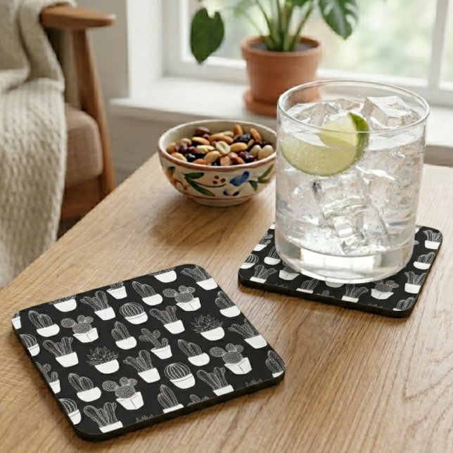 Dessous-de-verre Motif d'art en ligne blanche de cactus (Créateur téléchargé)