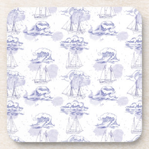 Dessous-de-verre Motif de vagues et de bateaux d'aquarelle