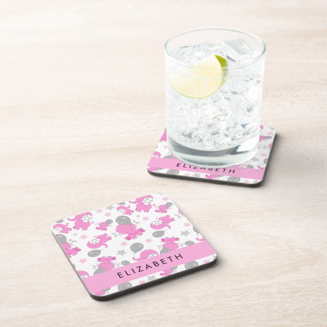 Dessous-de-verre Motif Des Eléphants Roses, Étoiles, Votre Nom (Côté Droit)
