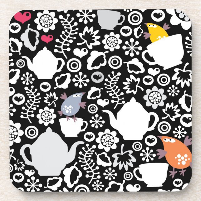Dessous-de-verre Motif d'oiseaux et de tasses (Devant)