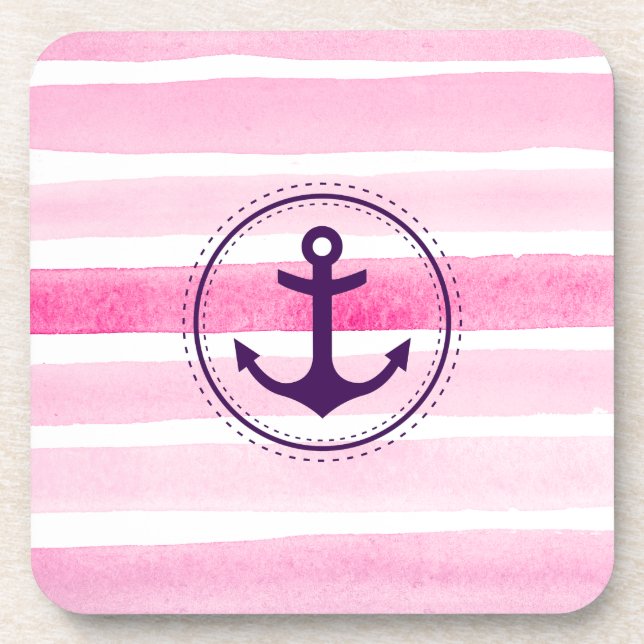 Dessous-de-verre Motif et Ancre Nautique rose blanc aquarelles (Devant)