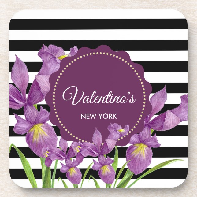 Dessous-de-verre Motif Iris Botanique Noir Blancs Violet (Devant)
