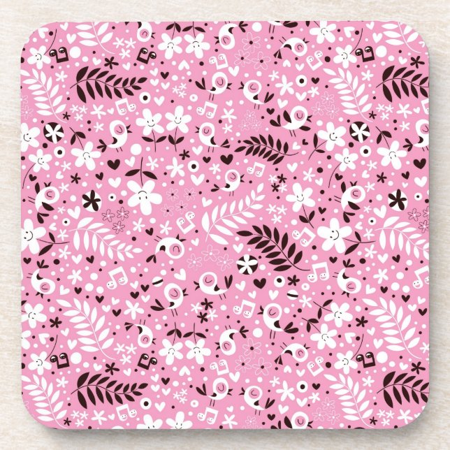 Dessous-de-verre motif mignon de rose d'oiseaux et de fleurs (Devant)