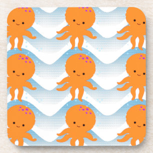 Dessous-de-verre Motif Octopus Orange Et Vagues Bleues