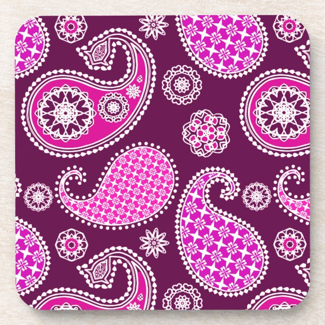 Dessous-de-verre Motif Paisley, rose fuchsia, violet et blanc (Devant)