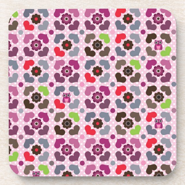 Dessous-de-verre motif rose de fleurs et de hiboux (Devant)