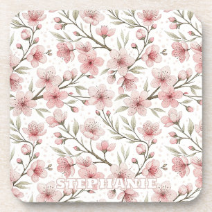 Dessous-de-verre Motif Sakura en fleurs de cerises roses sur blanc