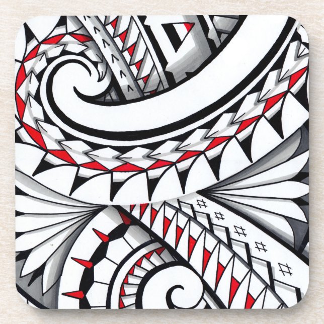 Dessous-de-verre Motifs polynésiens tribaux rouges avec l'ombrage (Devant)