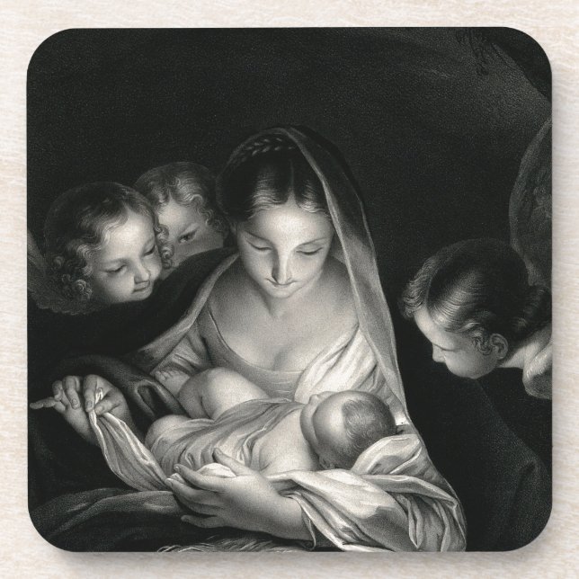 Dessous-de-verre Nativity Baby Jésus Virgin Mary Angels Black White (Devant)