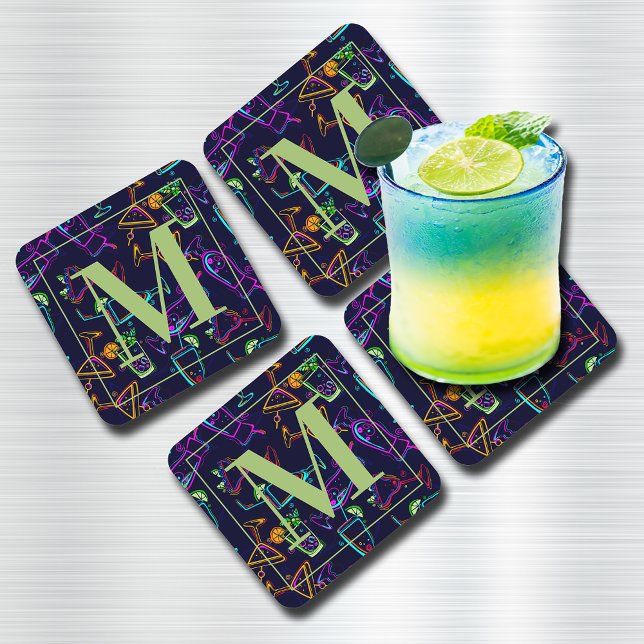 Dessous-de-verre Neon Cocktails et boissons sur Monogramme noir (Créateur téléchargé)