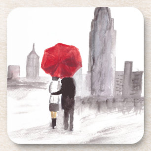 Dessous-de-verre New York couple d'amour avec parapluie rouge aquar