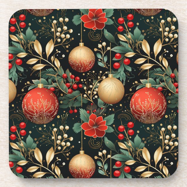 Dessous-de-verre Noël Floral Berry Or Ornement Rouge (Devant)
