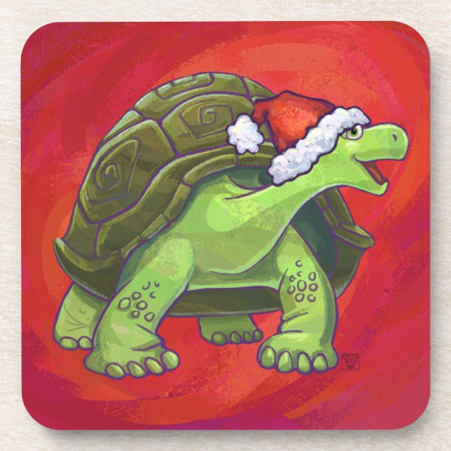 Dessous-de-verre Noël Tortue Sur Rouge (Devant)