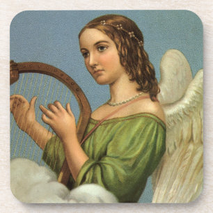 Dessous-de-verre Noël vintage, ange victorien avec harpe musicale