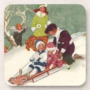 Dessous-de-verre Noël vintage, enfants faisant de la luge dans la n