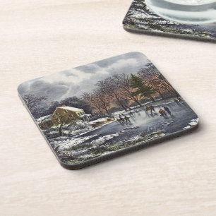 Dessous-de-verre Noël vintage, Patineurs de début d'hiver sur étang