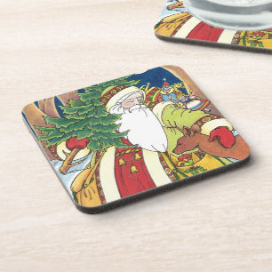 Dessous-de-verre Noël vintage, Père Noël Cerf en forêt