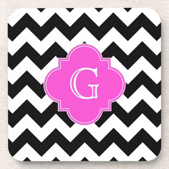 Dessous-de-verre Noir Blanc Chevron Hot rose Quatrefoil Monogramme (Devant)
