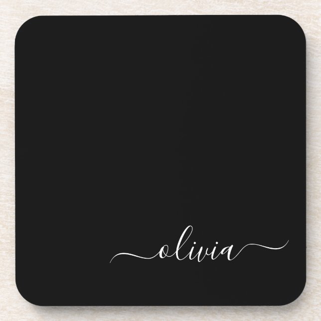 Dessous-de-verre Noir Blanc moderne Script Girl Monogramme Nom (Devant)