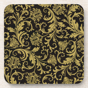 Dessous-de-verre Noir & Or Ornate Floral Damask Design Motif