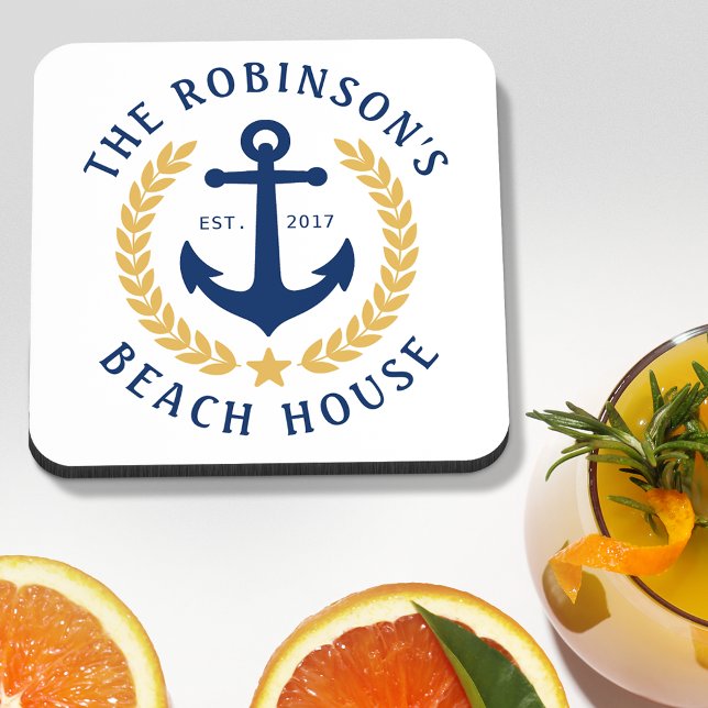 Dessous-de-verre Nom de famille Beach House Ancre Gold Laurel White (Créateur téléchargé)