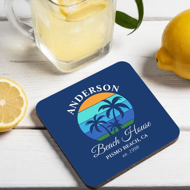 Dessous-de-verre Nom de famille Beach House Sun Palm Trees Blue (Customize to change text size, style or background color.)