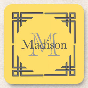 Dessous-de-verre Nom géométrique gris jaune de monogramme de