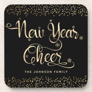 Dessous-de-verre Nouvel an Jouer Black Gold Script Parties scintill