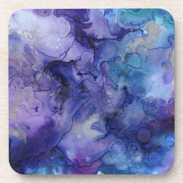 Dessous-de-verre Nuances d'aquarelle bleu violet perlées marbrées (Devant)