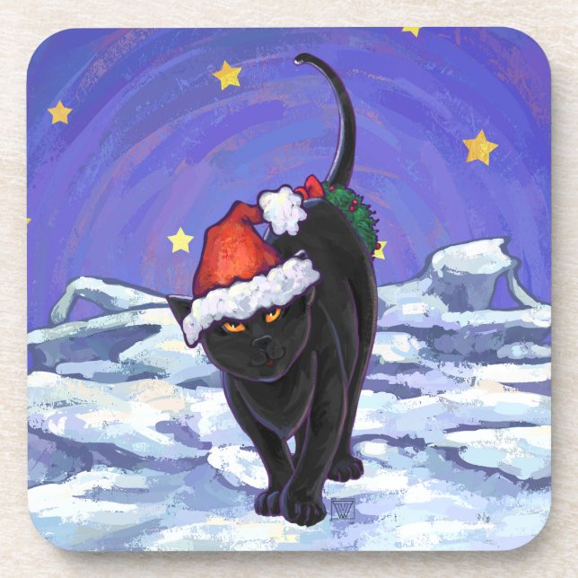 Dessous-de-verre Nuit étoile Noir Chat Noël (Devant)