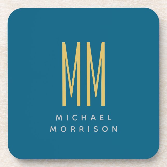 Dessous-de-verre Ocean Blue Gold Monogramme Lettres initiales Nom (Devant)