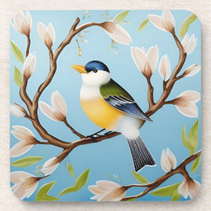 Dessous-de-verre Oiseau bleu coloré perché sur une branche en fleur