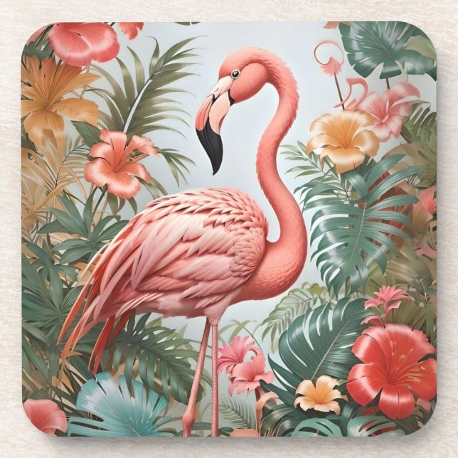 Dessous-de-verre Oiseau de Flamant rose rose élégant et fleurs trop (Devant)