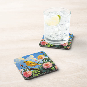 Dessous-de-verre Oiseau jaune coloré et jolies roses roses