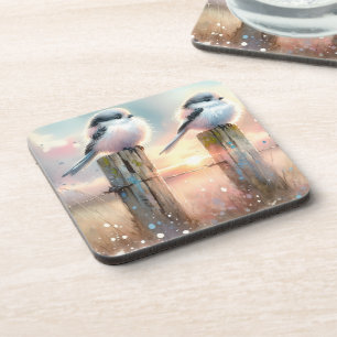 Dessous-de-verre Oiseaux au coucher de soleil sur un poteau de clôt
