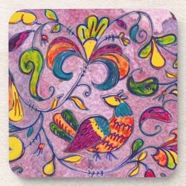 Dessous-de-verre Oiseaux du Nord sur arrière - plan rose (Devant)