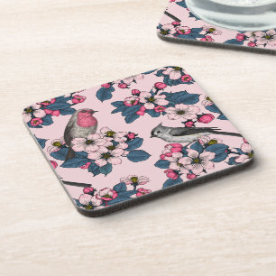 Dessous-de-verre Oiseaux et fleurs roses