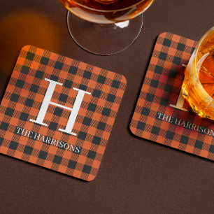 Dessous-de-verre ORANGE Écossais Noir Monogramme Fêtes