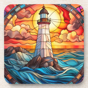 Dessous-de-verre Orange Sunset Lighthouse Vitrail