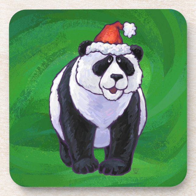 Dessous-de-verre Ours de panda à Santa Hat sur Vert (Devant)