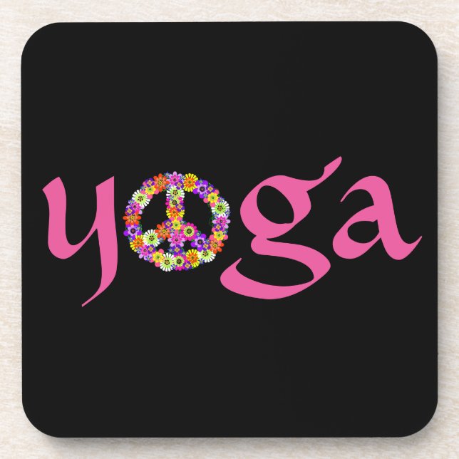 Dessous-de-verre Panneau de paix Yoga Floral sur noir (Devant)