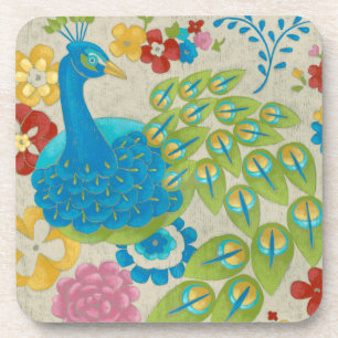 Dessous-de-verre Paon et fleurs colorés