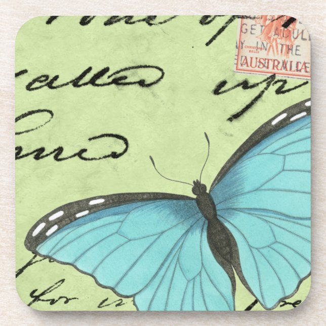 Dessous-de-verre Papillon à ailes bleues sur carte postale Turquois (Devant)