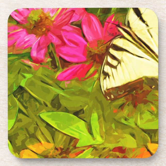 Dessous-de-verre Papillon à queue jaune sur Fleurs Abstrait (Devant)