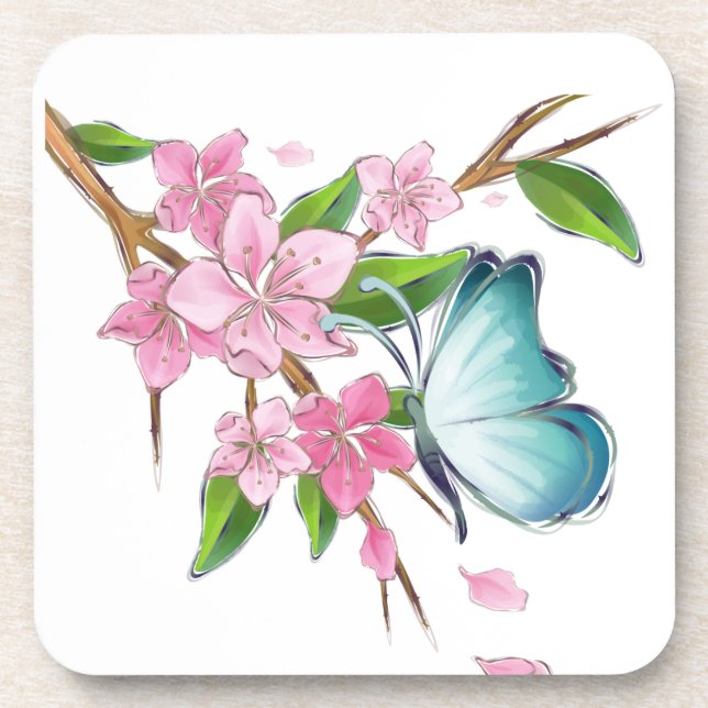 Dessous-de-verre Papillon aquarelle et fleurs (Devant)